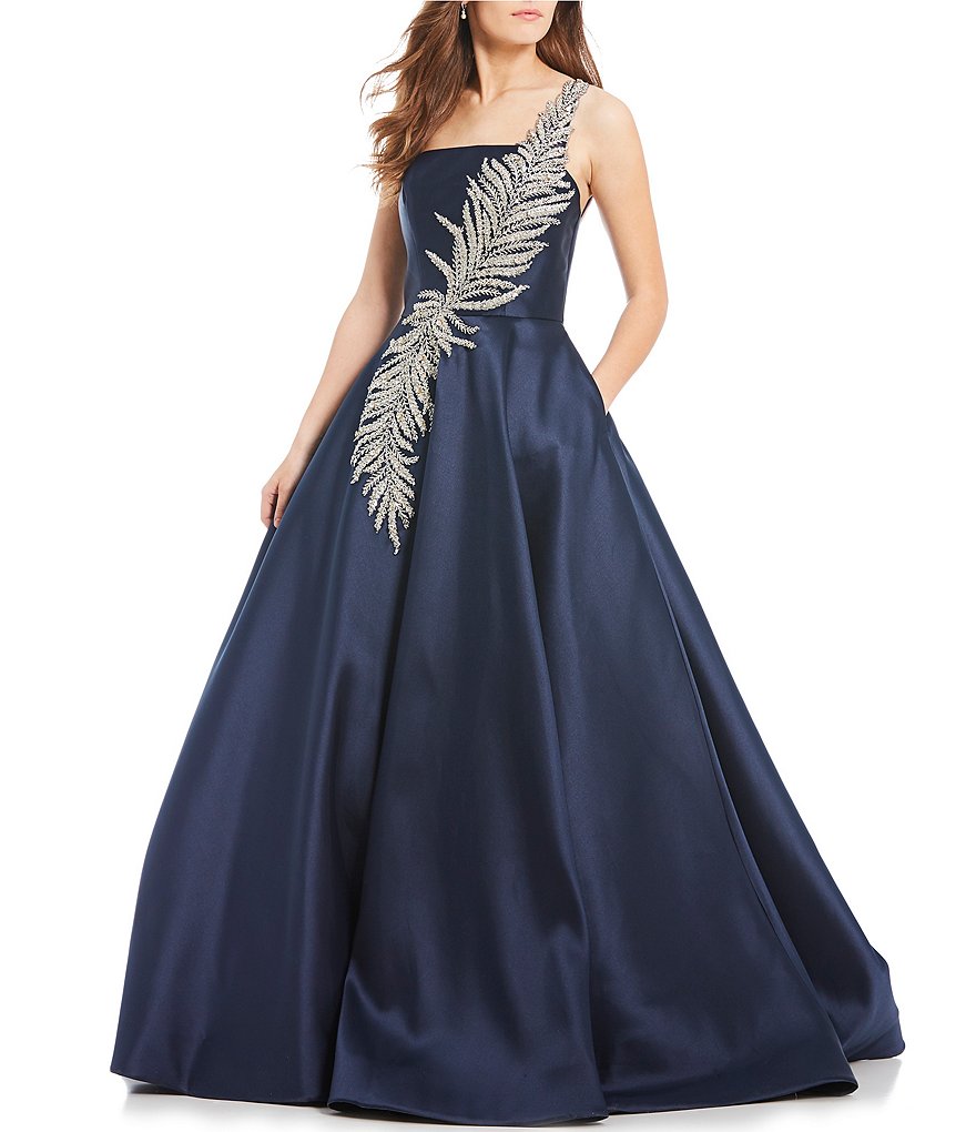Terani Couture Бальное платье без рукавов на одно плечо с бретельками из бисера на спине, синий