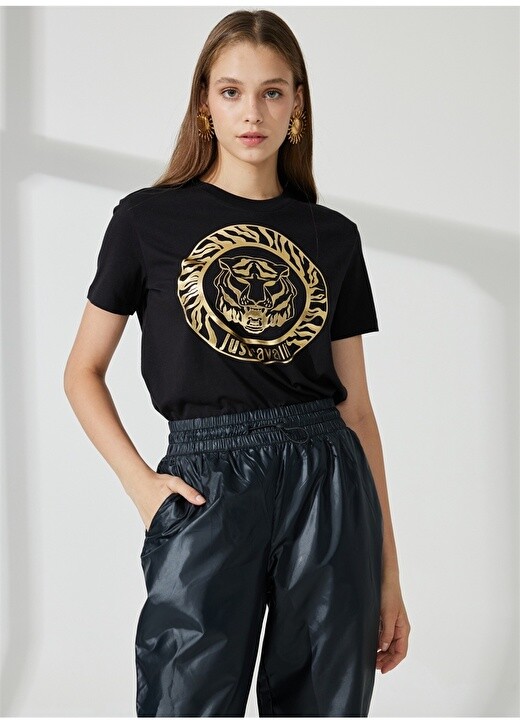 

Черная женская футболка с круглым вырезом с принтом Just Cavalli, Черный