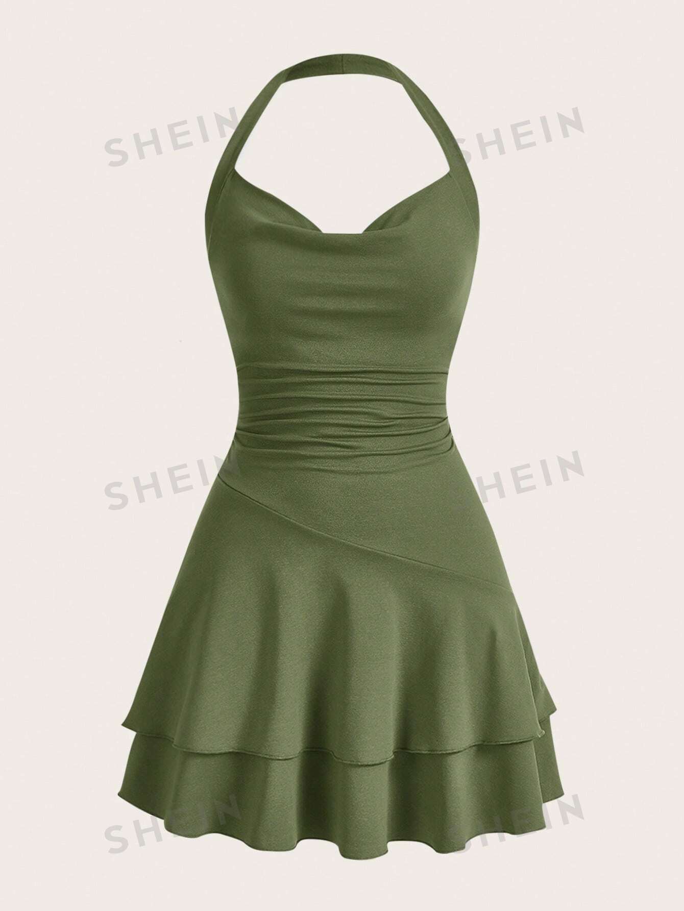 SHEIN MOD однотонное женское платье с бретелькой на шее и многослойным подолом, армейский зеленый цена и фото