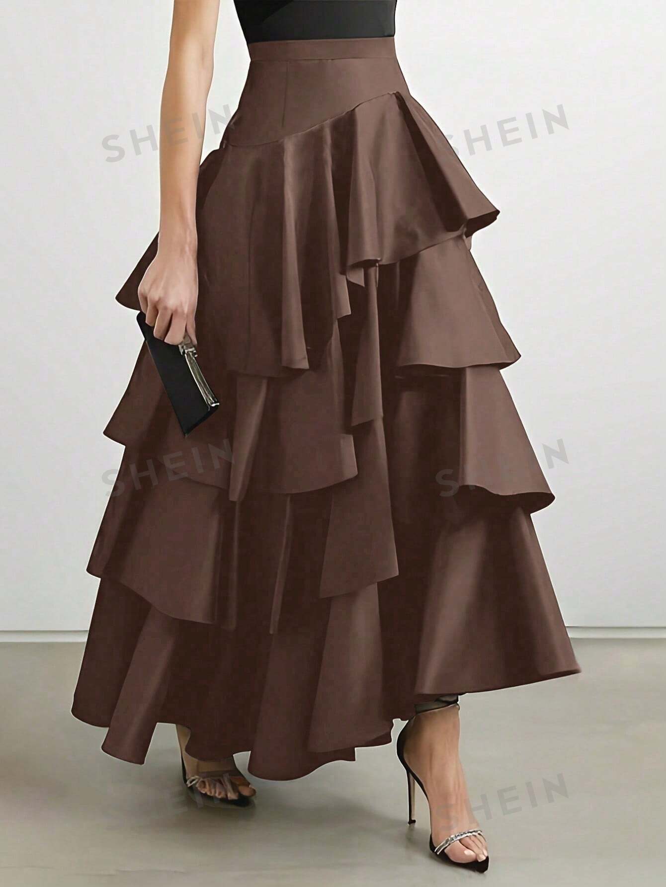 SHEIN Privé Однотонная многослойная юбка-миди с рюшами, кофейный коричневый shein privé однотонная многослойная юбка миди с рюшами темно синий