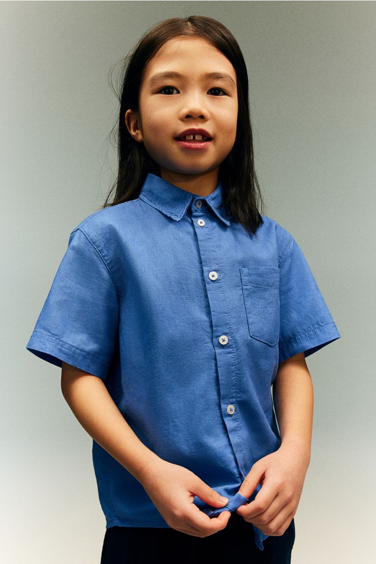 Рубашка из смеси льна H&M, синий рубашка мужская льняная с воротником стойкой повседневная свободная сорочка на пуговицах короткий рукав однотонная винтажная блуза 5xl в