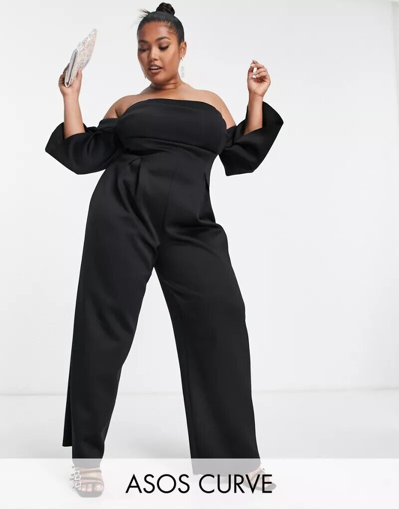 

Черный комбинезон из неопрена со сборками ASOS DESIGN Curve и вырезом кармен
