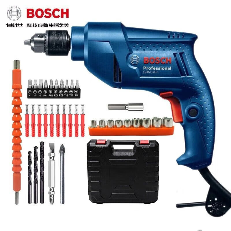 Дрель электрическая Bosch GBM 340 + насадки, биты, набор инструментов