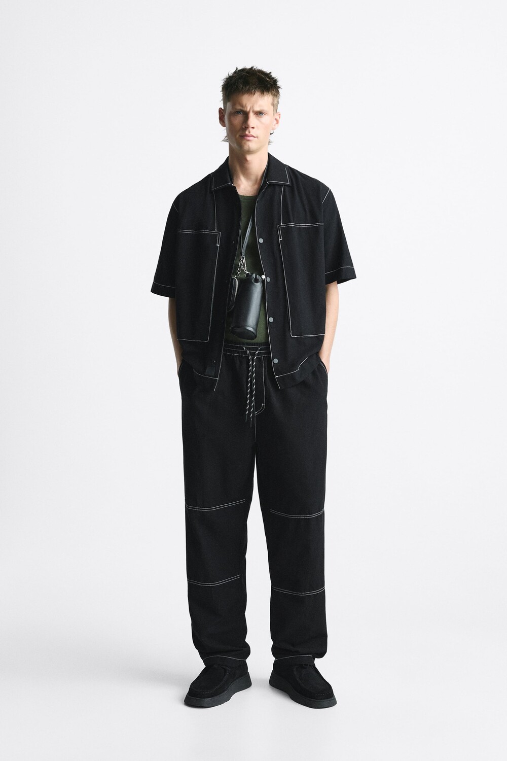 

Рубашка из льна с декоративной вышивкой Zara, черный