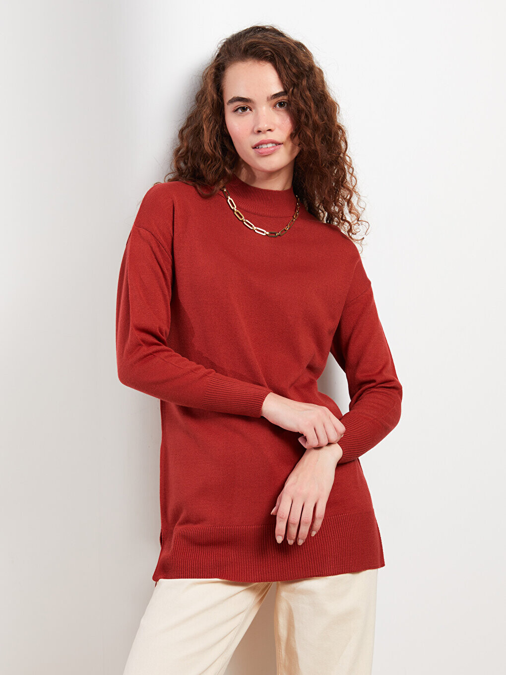 

Полуводолазка, однотонная женская трикотажная туника с длинными рукавами LCW Modest, кирпично красный