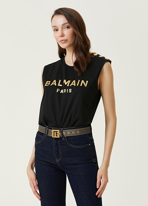

Черная золотая майка с логотипом Balmain
