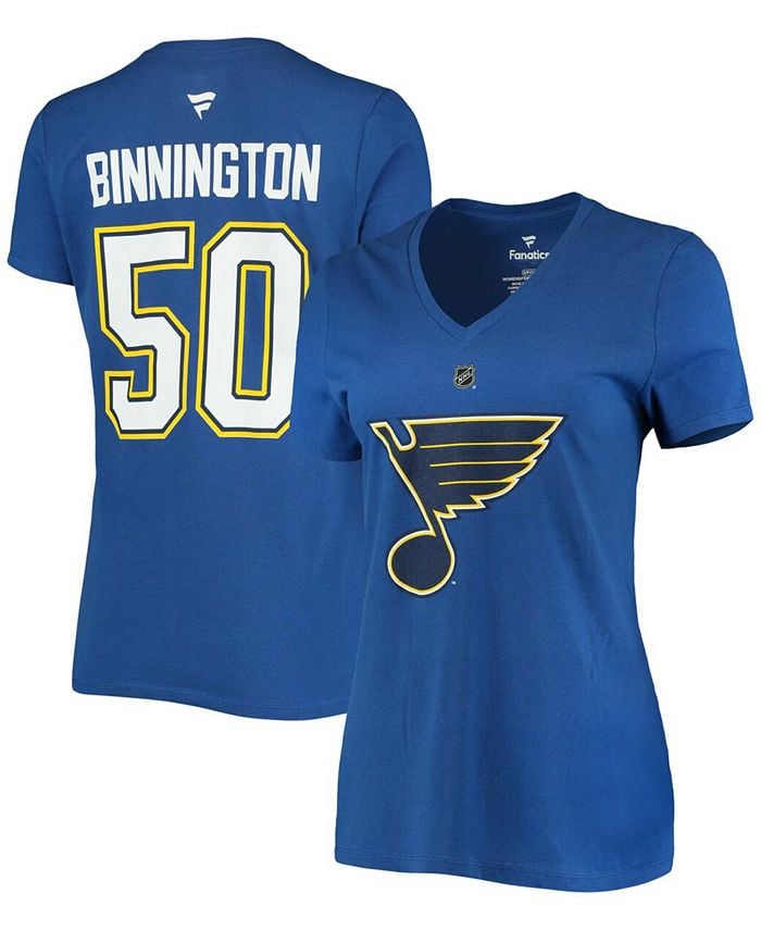 

Женская синяя футболка с v-образным вырезом Jordan Binnington St. Louis Blues Team Authentic Stack Name Number Fanatics, синий