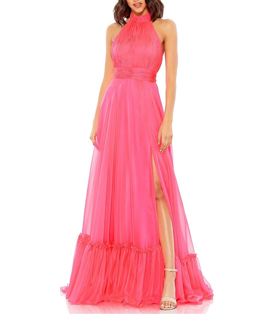 Многоярусное шифоновое платье без рукавов Mac Duggal с воротником-стойкой, розовый