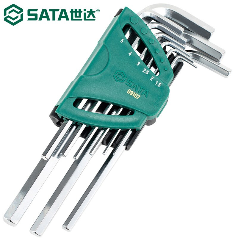 SATA 09107 Набор шестигранных ключей, удлиненный шестигранный ключ с плоской головкой, шестигранник из закаленной стали SVCM, закаленная метрическая система, набор из 9 предметов 1,5–10 мм