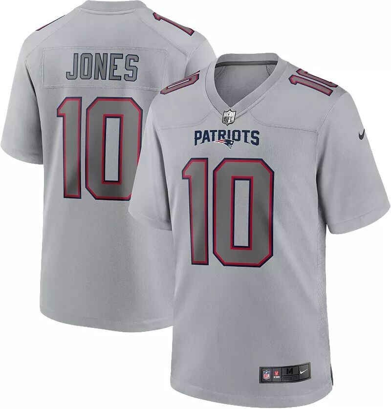 

Мужское игровое джерси Nike New England Patriots Mac Jones № 10 атмосферного серого цвета