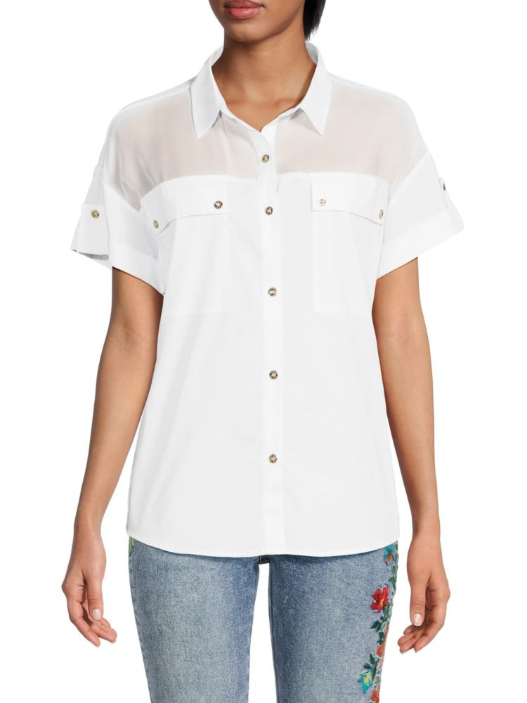 Рубашка карго из смесового хлопка H Halston, белый цена и фото