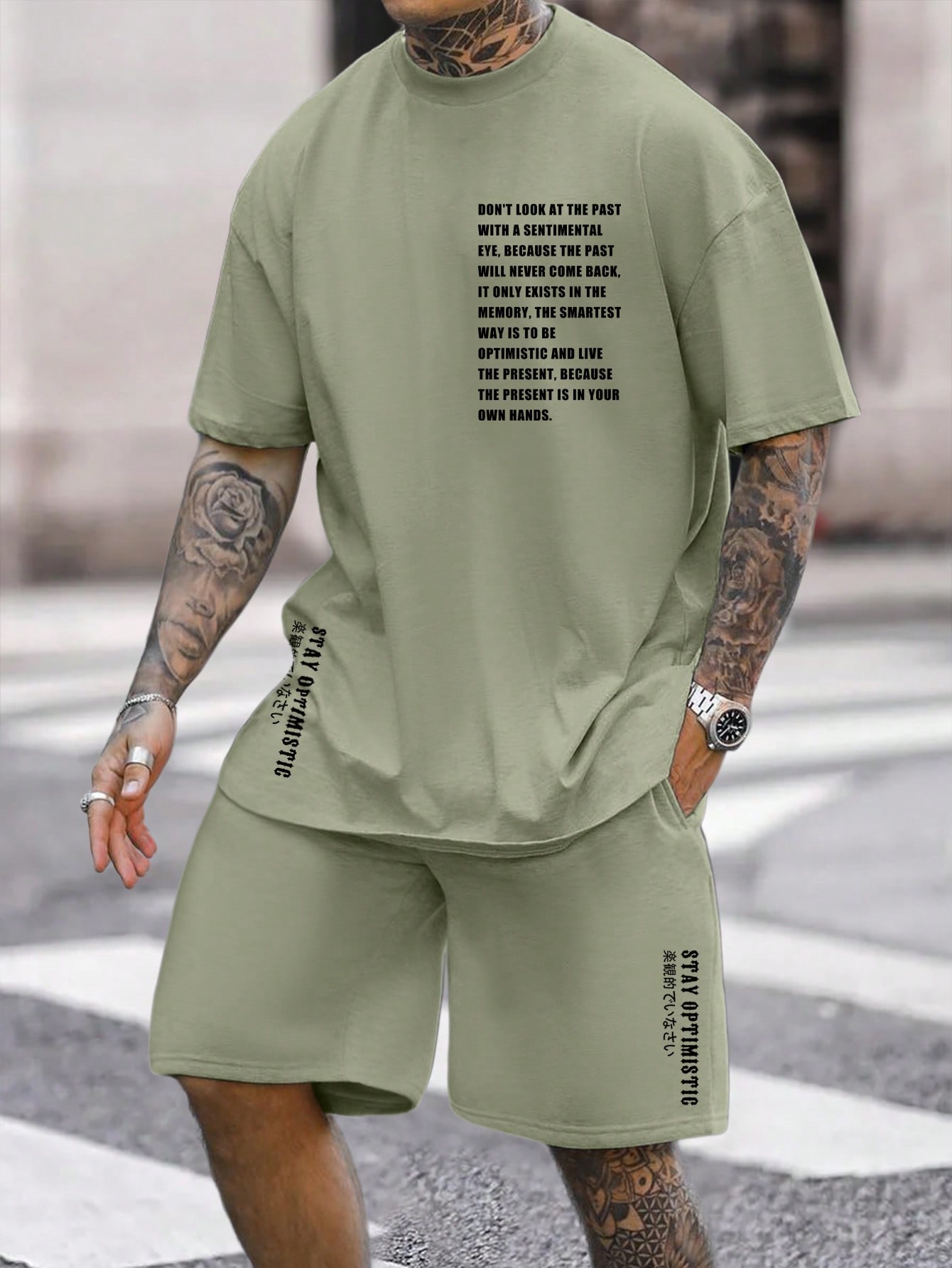 Manfinity Homme Мужская футболка большого размера с надписью и шортами на талии с завязками, армейский зеленый