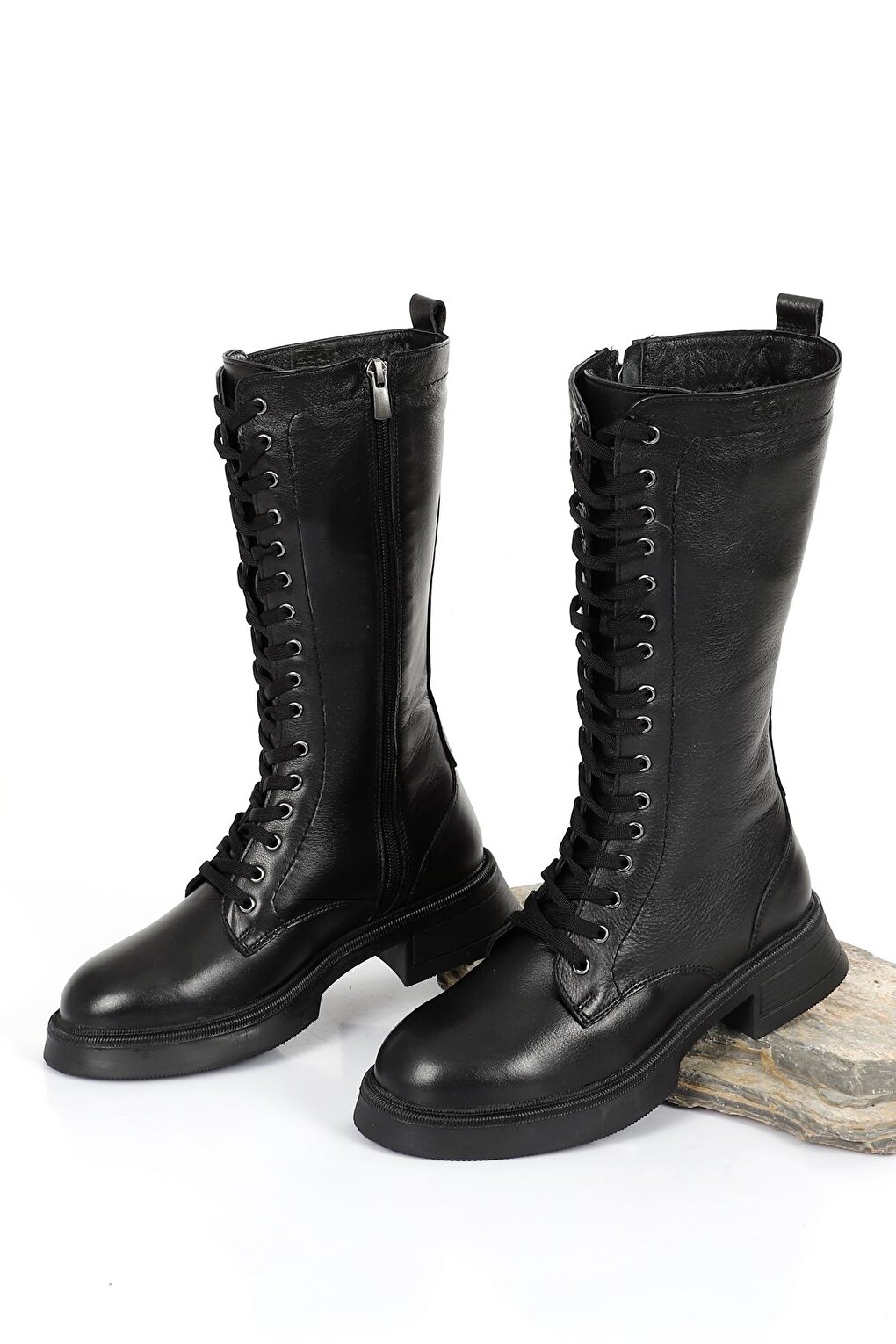 Женские ботинки на молнии из натуральной кожи с круглым носком на шнуровке 46511 GÖNDERİ(R)