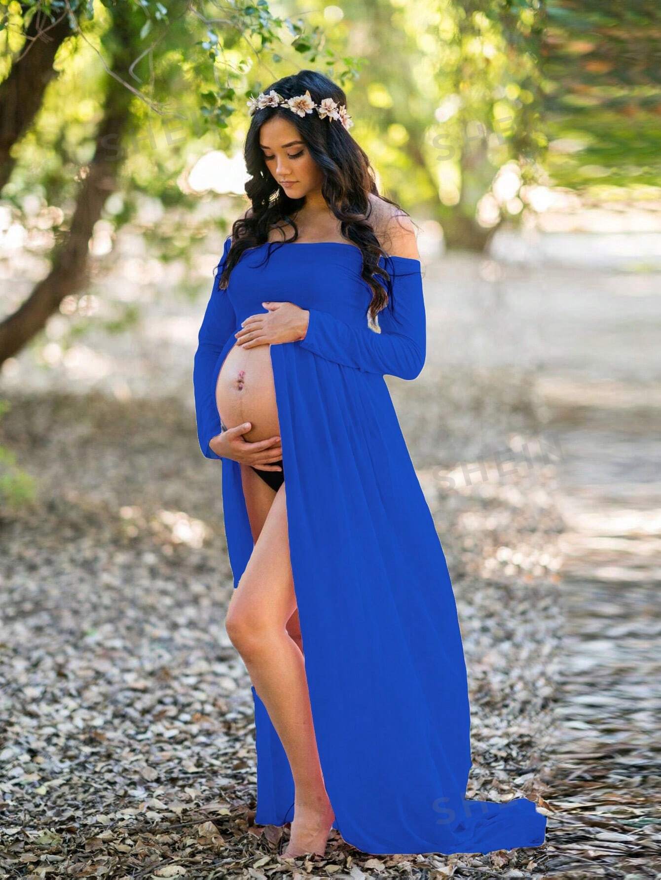 Платье макси для беременных на одно плечо с длинным рукавом и высоким разрезом для фотографий, королевский синий женское однотонное платье на одно плечо с длинным рукавом