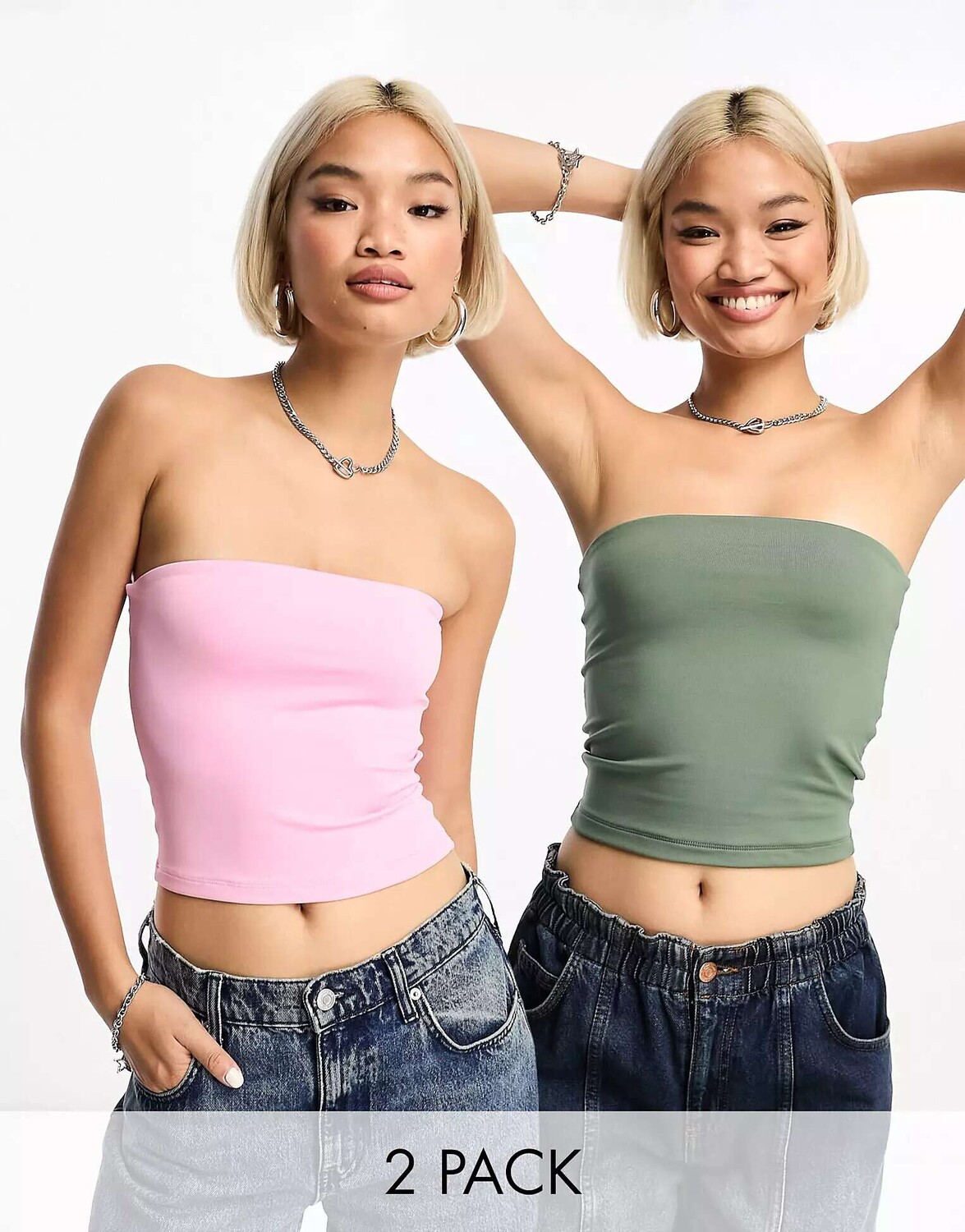 

2 пары топов-бандо Bershka цвета хаки и розового цвета
