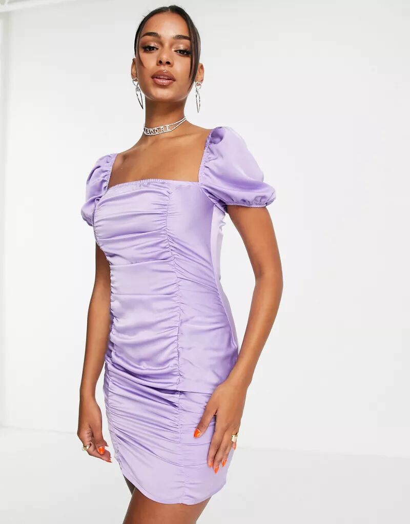 Фиолетовое атласное платье мини со сборками и пышными рукавами NaaNaa