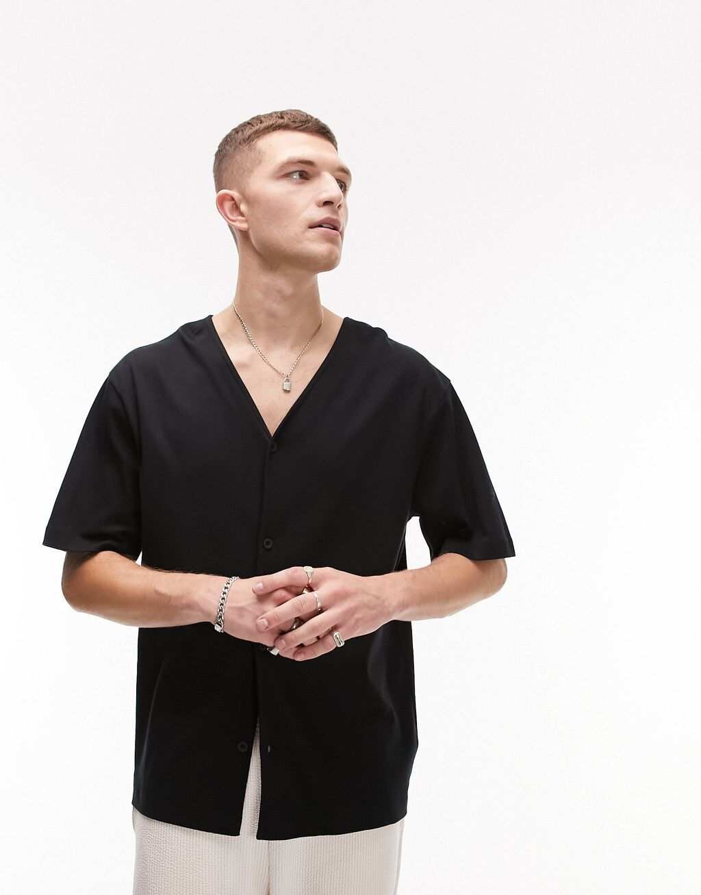 

Черная футболка премиум-класса с пуговицами Topman, Черный