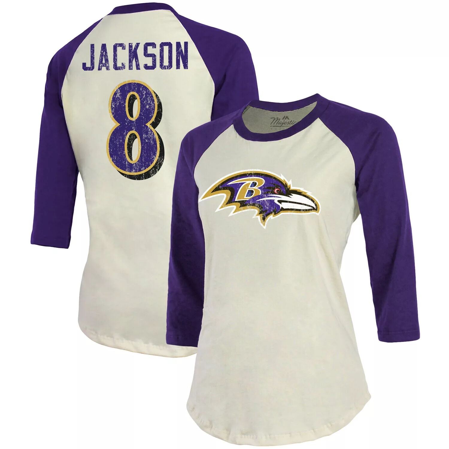 

Женская футболка Fanatics с логотипом Lamar Jackson кремового/фиолетового цвета Baltimore Ravens Player реглан с именем и номером, рукавами 3/4 Majestic, Фиолетовый