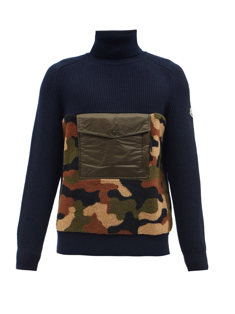 Шерстяной свитер с камуфляжной интарсией и вставками Moncler, синий цена и фото