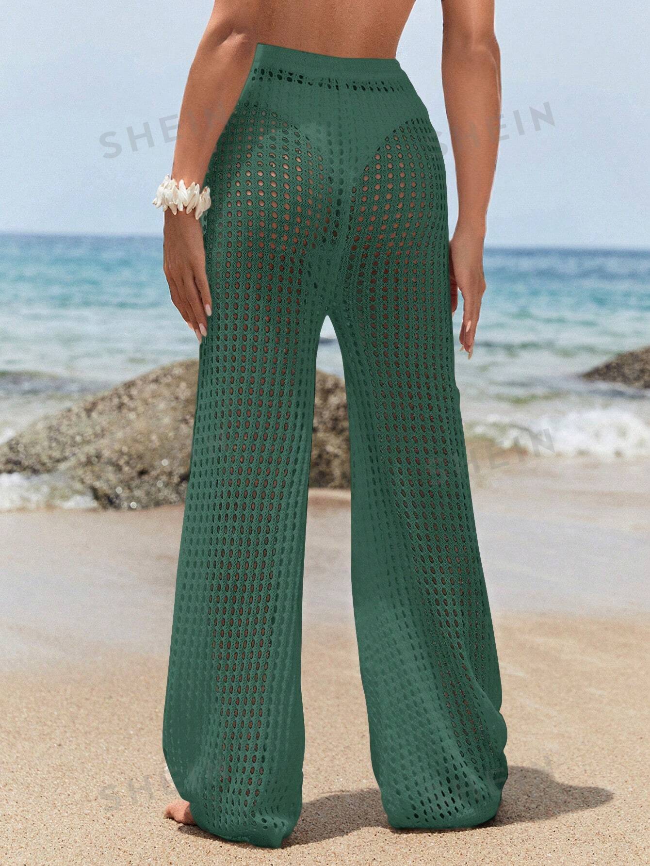 цена SHEIN Swim BohoFeel Женский зеленый ажурный пляжный комплект из топа и брюк на лето, оливково-зеленый