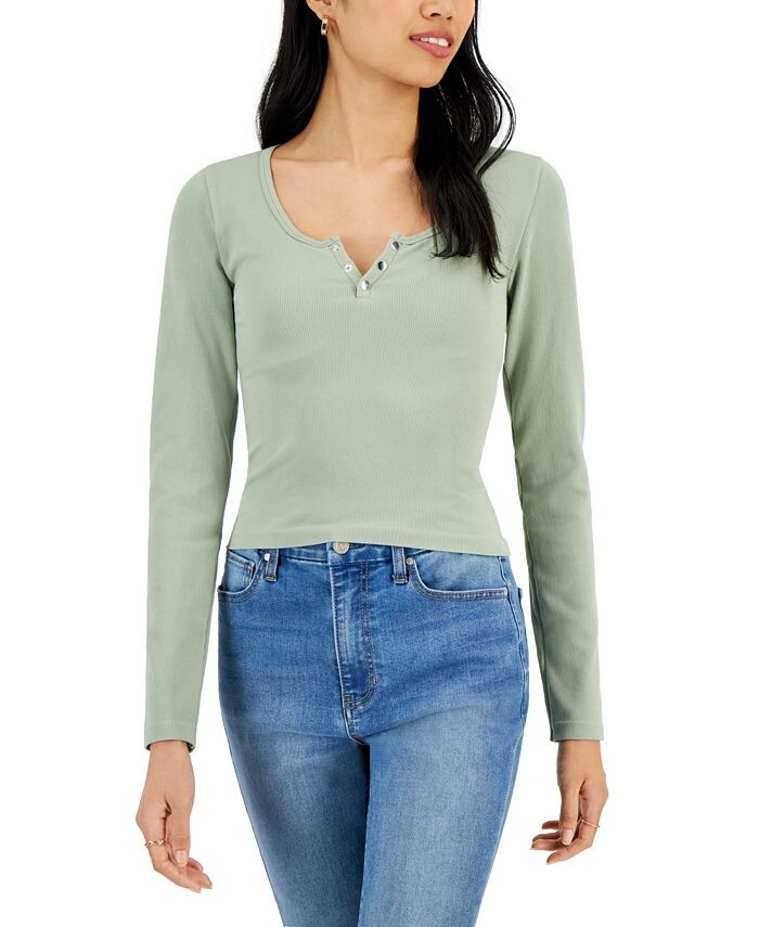 

Бесшовный топ Henley в рубчик с длинными рукавами Planet Heart, зеленый
