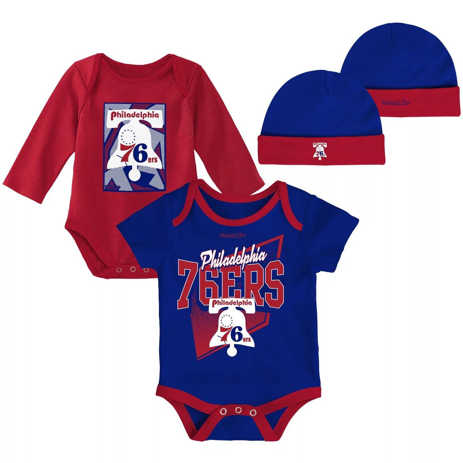 

Для новорожденных и младенцев Mitchell & Ness Синий/Красный Филадельфия 76ers Классические боди из трех предметов из твердой древесины и комплект вязаной шапки с манжетами Unbranded