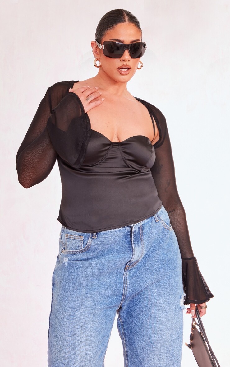 

PrettyLittleThing Черный атласный топ Plus с сетчатым болеро