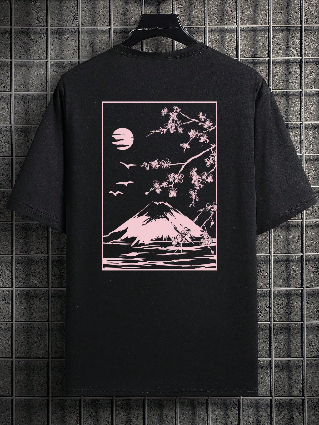 Мужская футболка с коротким рукавом с принтом Mt.Fuji и Cherry Blossom, черный