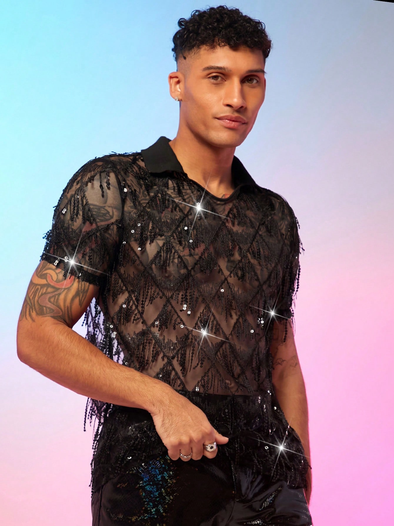 Мужская рубашка-поло из прозрачной сетки с блестками и кисточками FeverCity, многоцветный