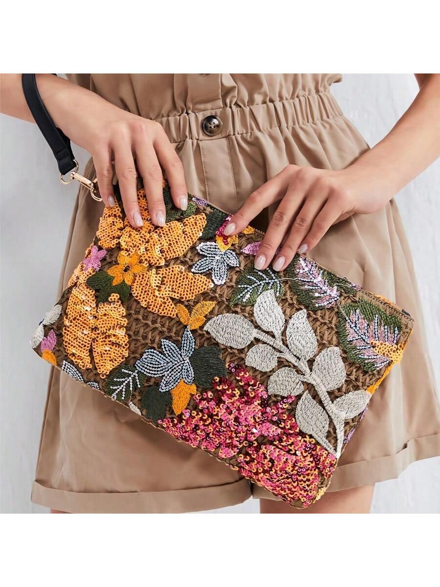 Высокая случайная блестящая соломенная сумка с блестками и цветком, многоцветный
