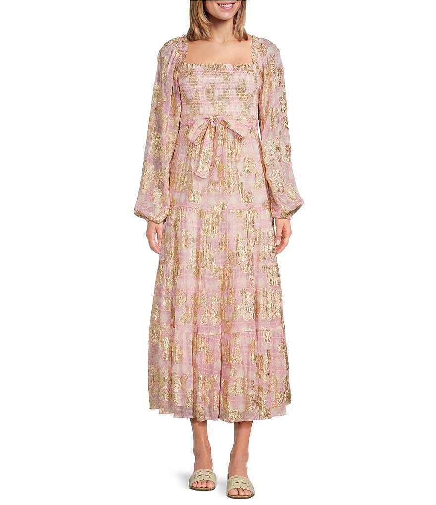 Платье миди с присборенными краями и квадратным вырезом с длинными рукавами и цветочным принтом A Loves A Lurex, розовый