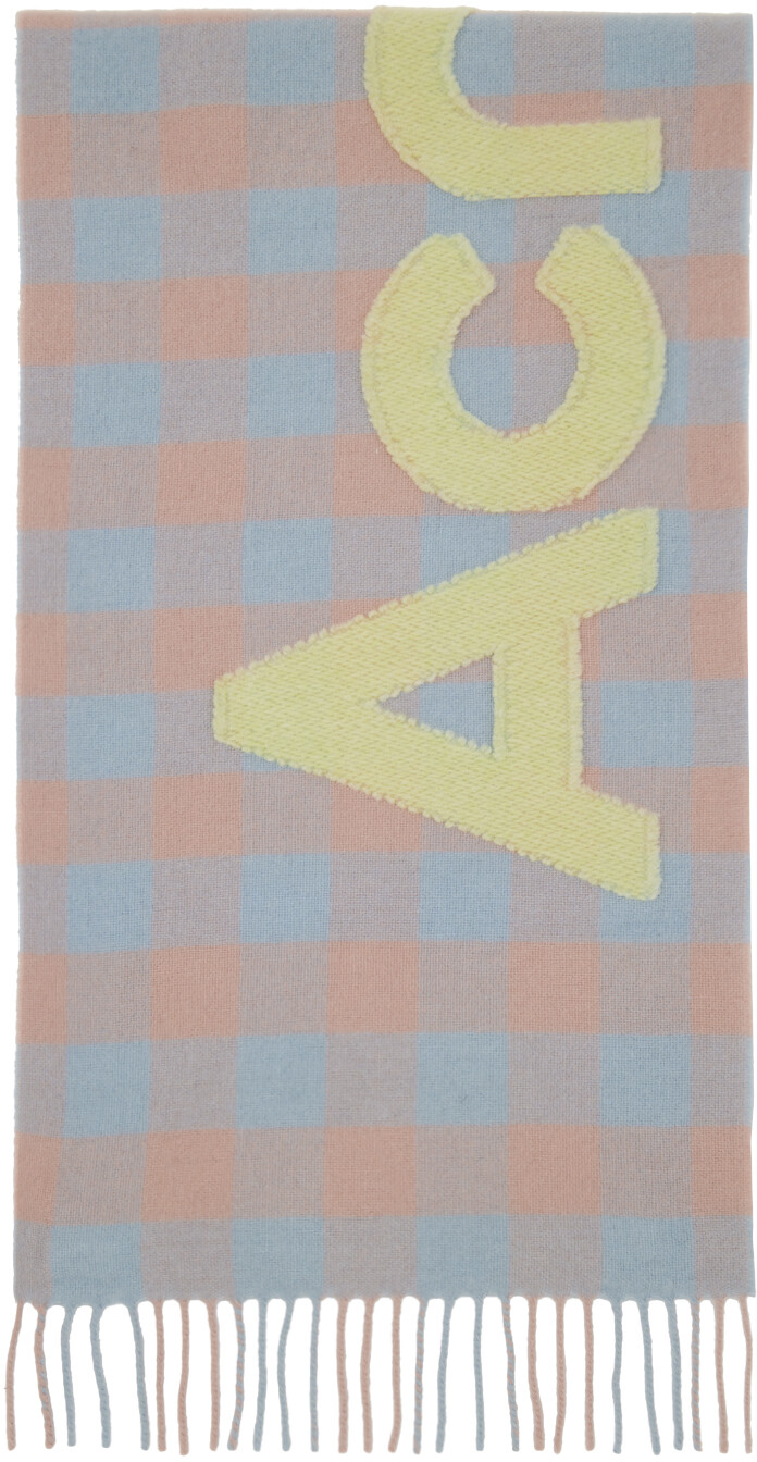 

Синий шарф с логотипом в клетку Acne Studios, цвет Camel beige/Acid green