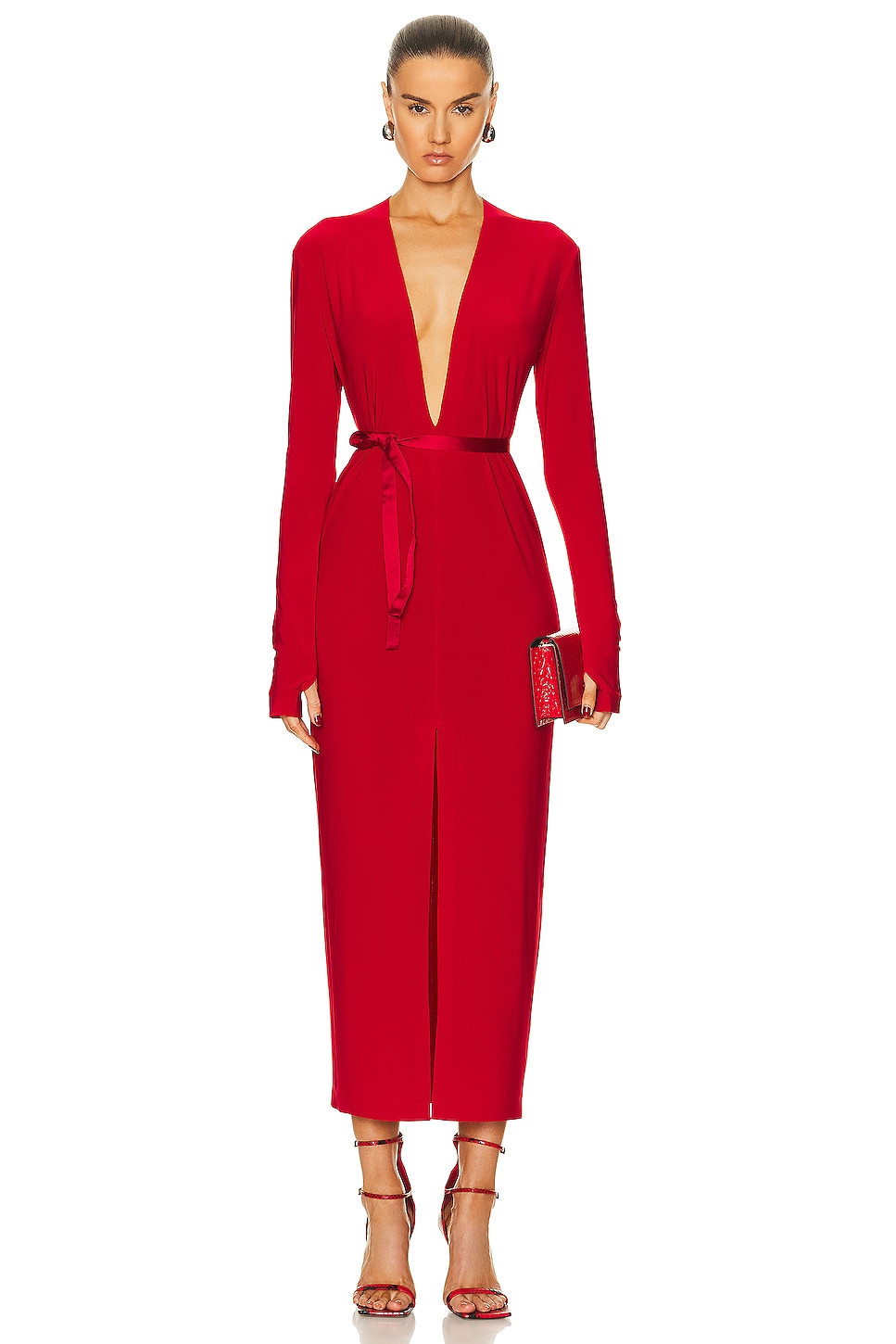 Платье Norma Kamali Long Sleeve Deep V Neck Center Front Slit Gown, цвет Tiger Red