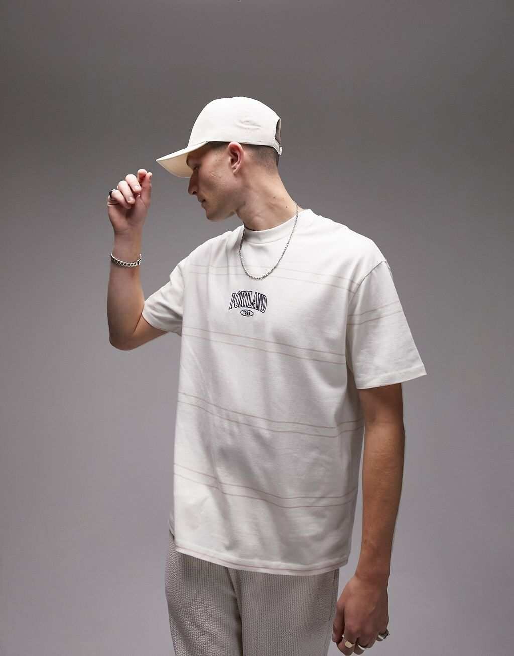 

Бежевая футболка оверсайз в полоску с вышивкой Portland Topman, Бежевый