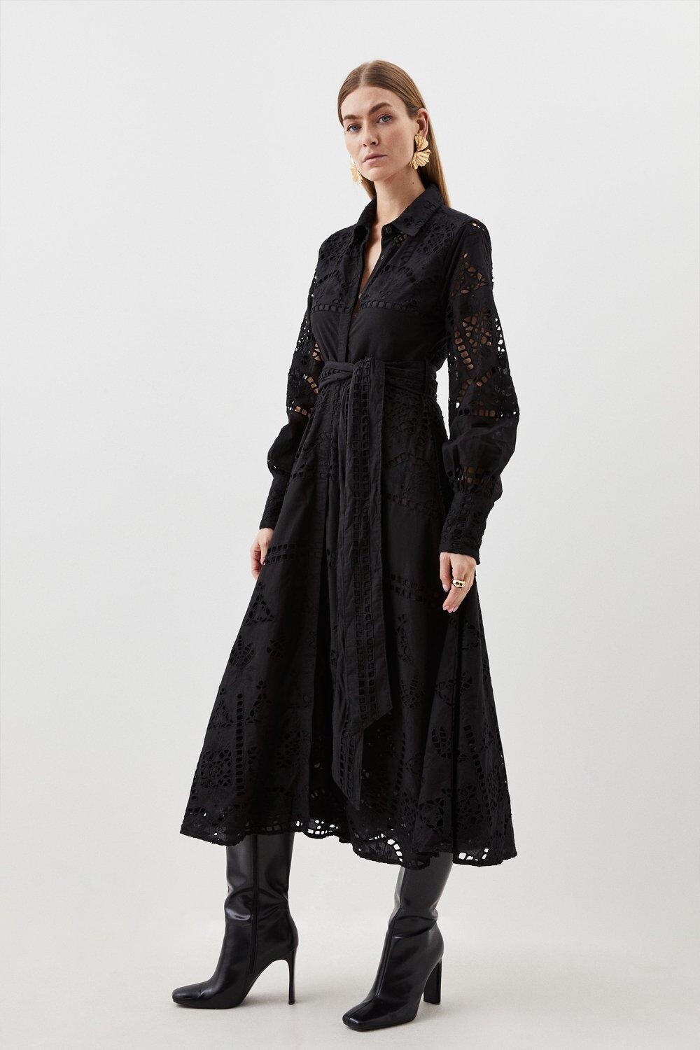 

Тканое платье макси с поясом и хлопковой вышивкой Karen Millen, черный