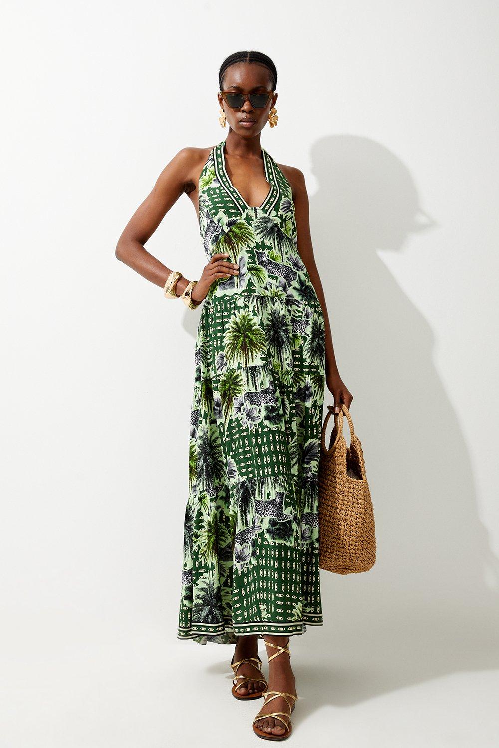 Летнее многоярусное платье макси с пальмами Karen Millen, зеленый