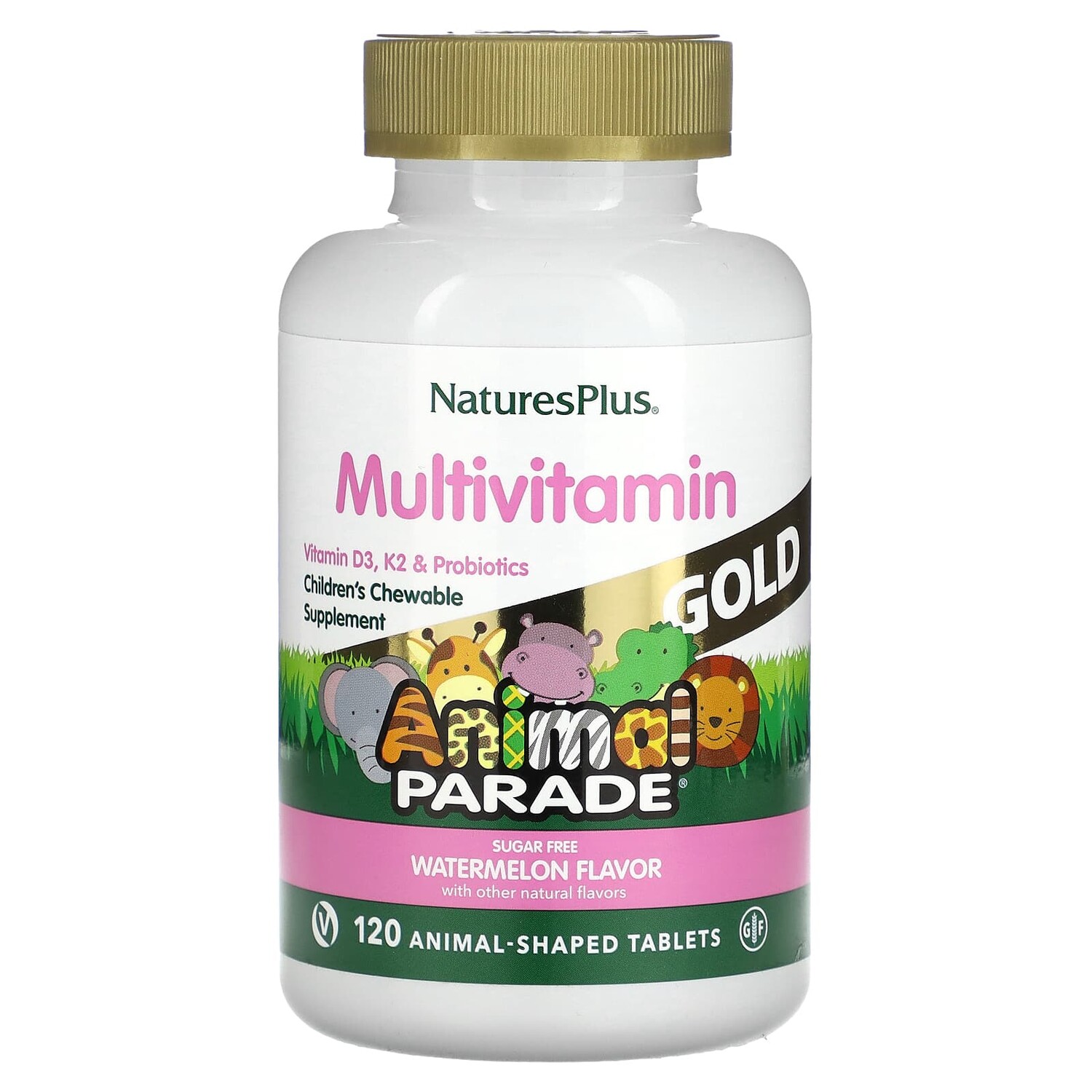 

Source of Life Animal Parade Gold, жевательная мультивитаминная добавка с микроэлементами для детей, со вкусом арбуза, 120 таблеток в форме животных, NaturesPlus