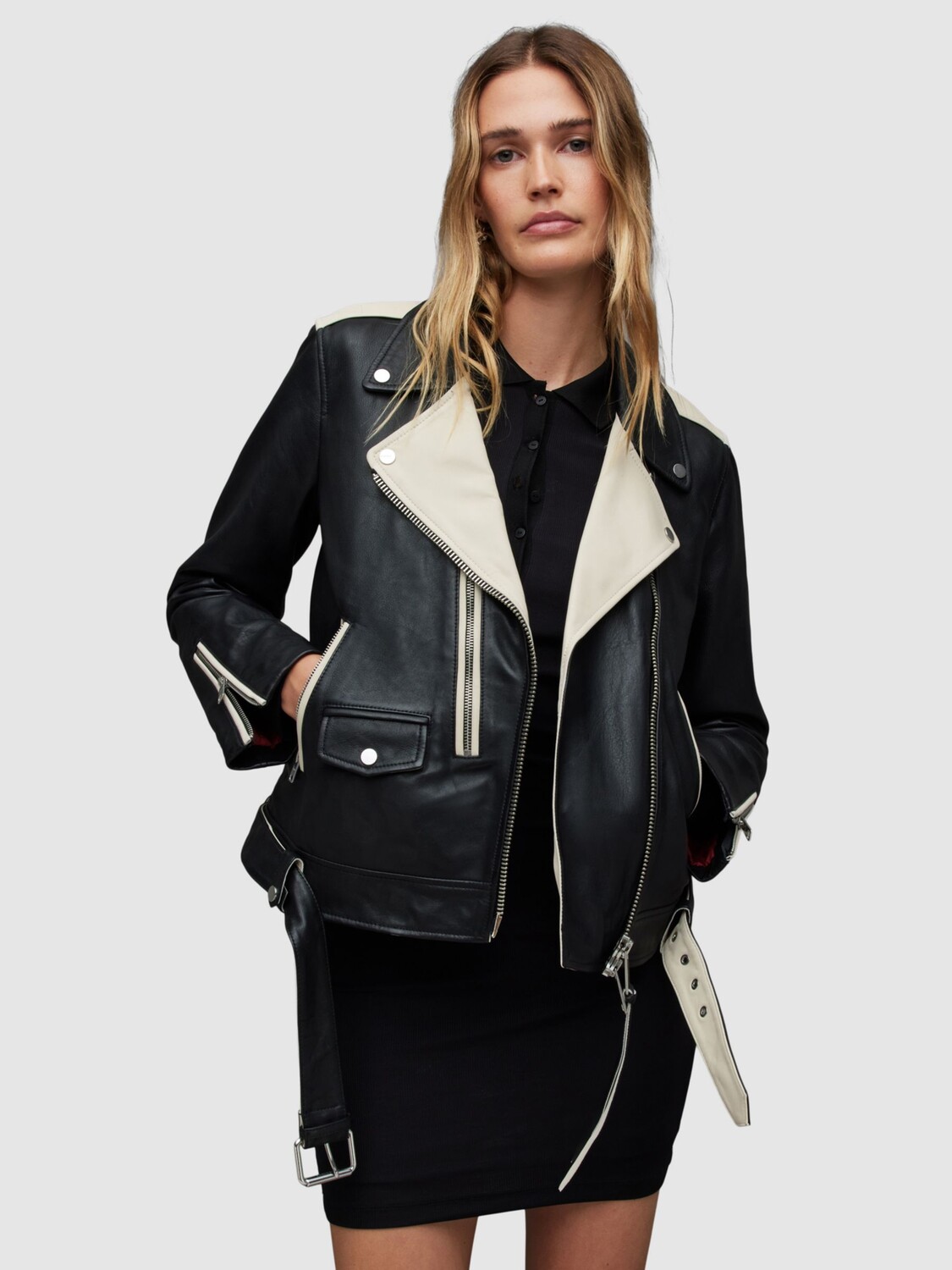 

Байкерская куртка AllSaints Dren Contrast, черный/белый