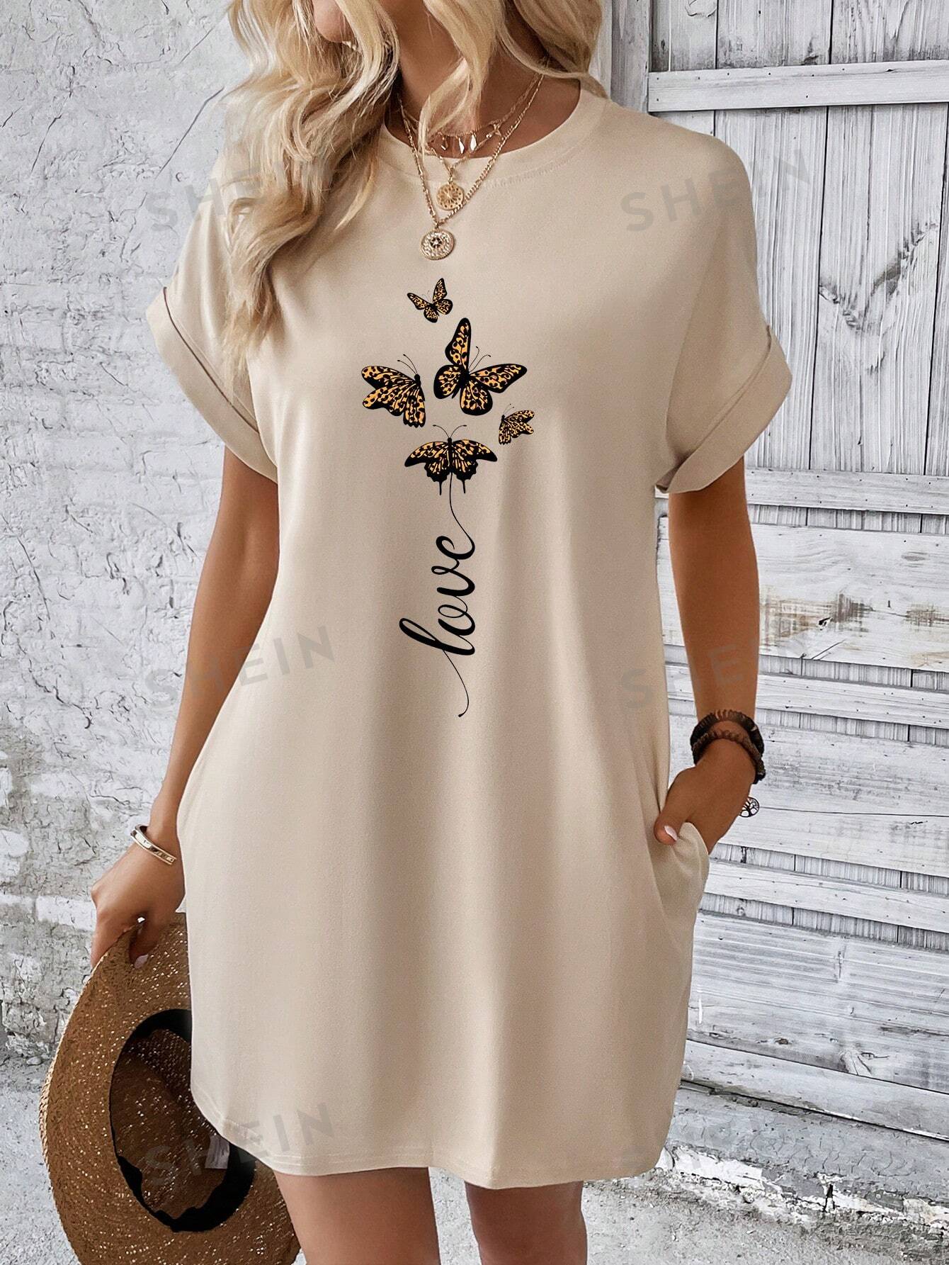цена SHEIN LUNE Женское платье-футболка с рукавами «летучая мышь» и принтом бабочки, абрикос