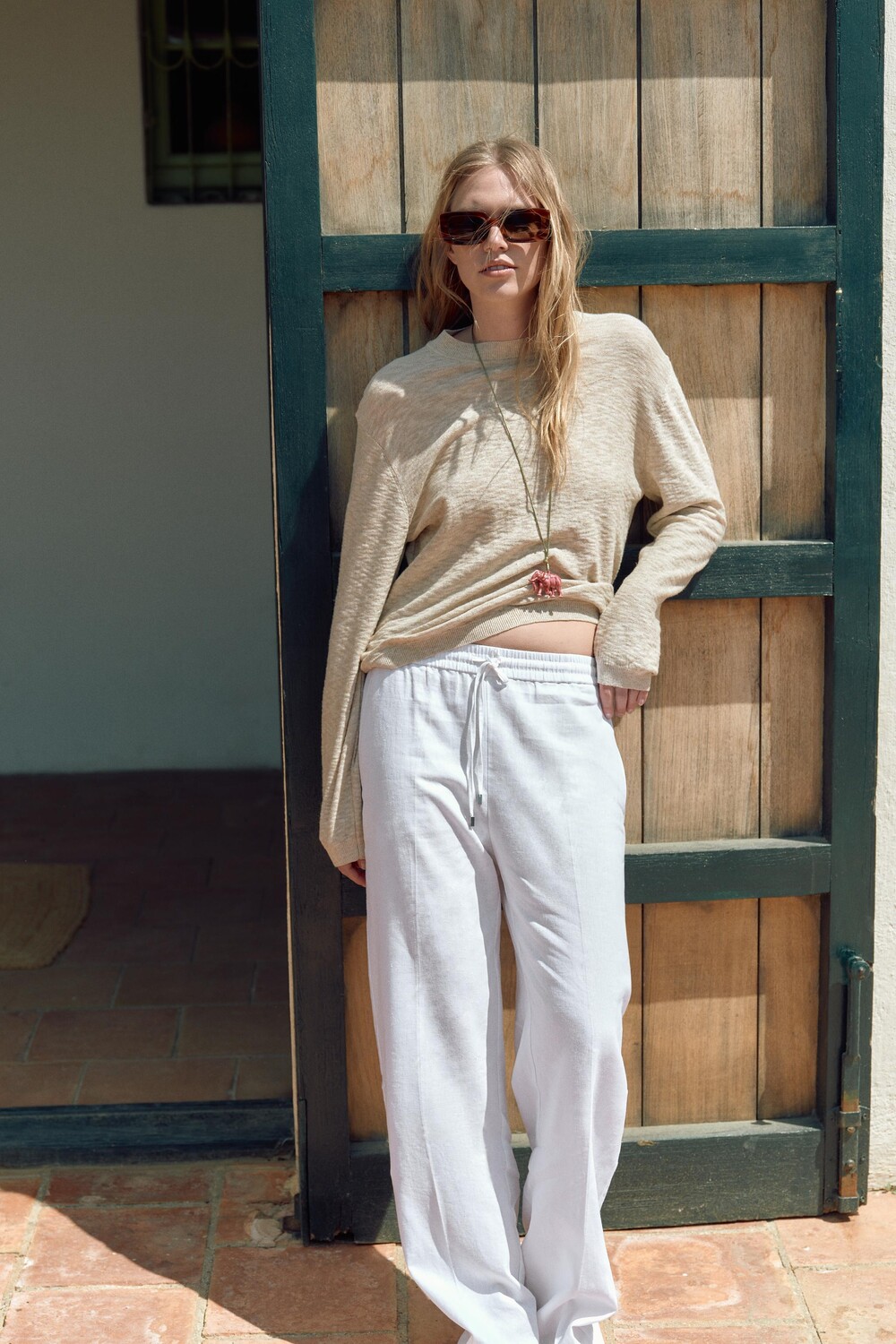

Свитер тонкой вязки из хлопка и льна ZARA, песочный/мергель