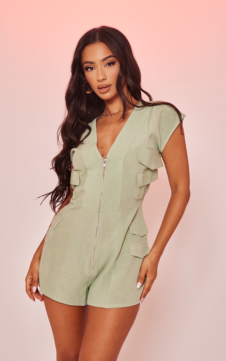 

PrettyLittleThing Комбинезон без рукавов Petite пастельно-зеленого цвета с карманами