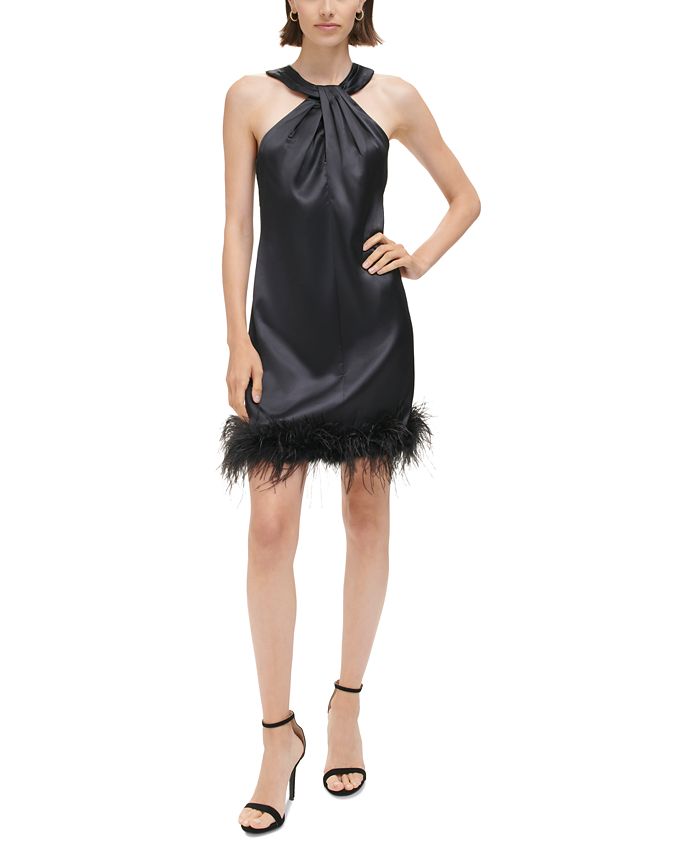 Женское платье прямого кроя с закрученным вырезом и отделкой перьями Eliza J, черный платье роскошная жизнь