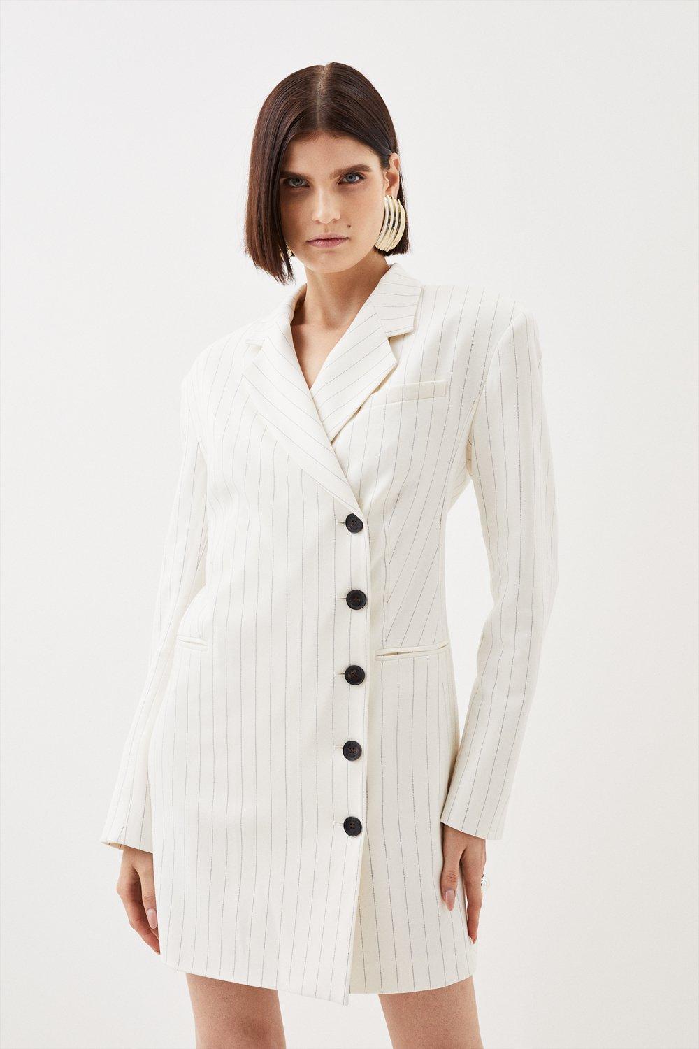 Индивидуальное однобортное платье-блейзер в компактную эластичную полоску Karen Millen, белый кожаный однобортный пиджак с запахом сзади karen millen нейтральный