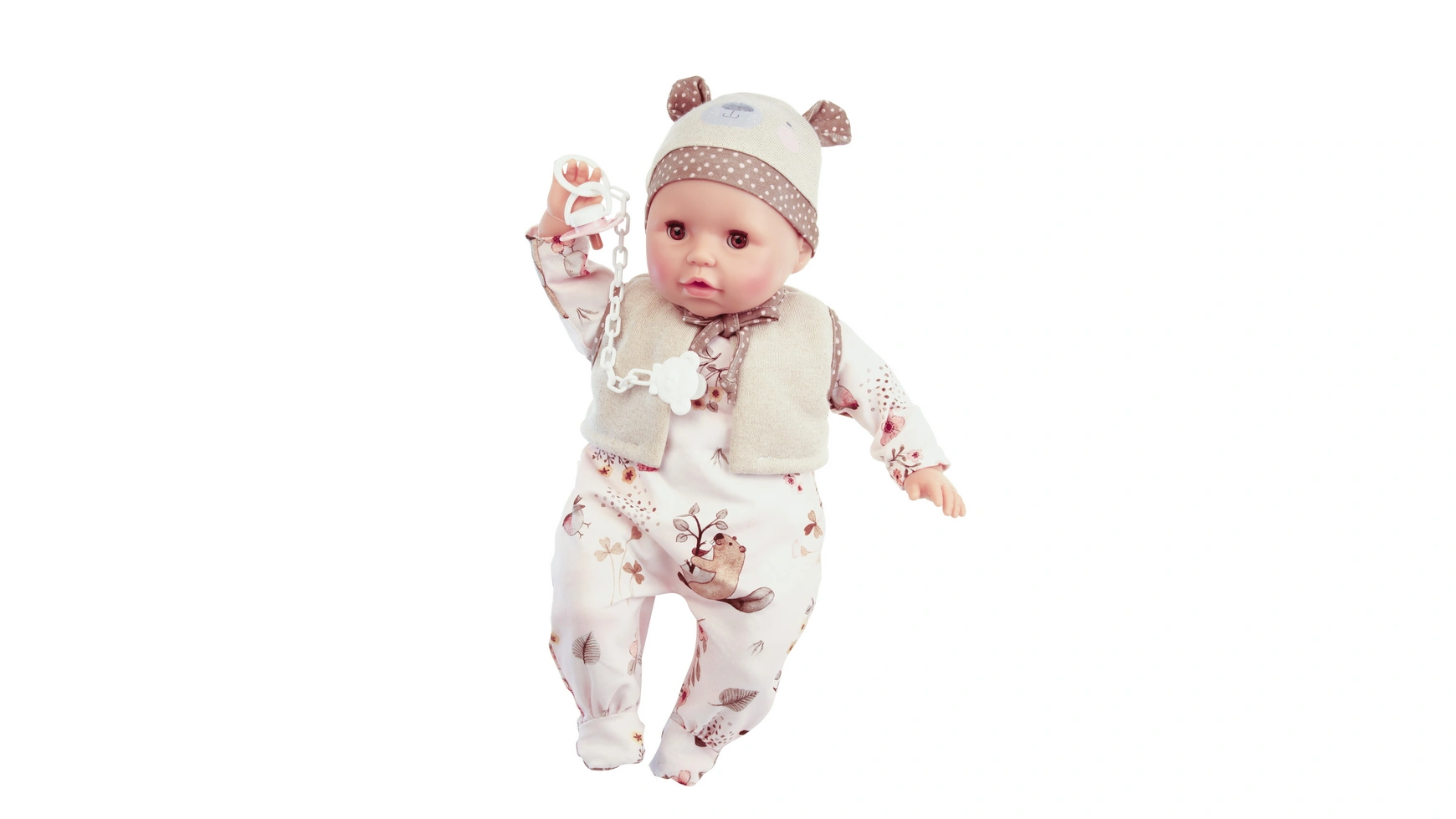 Куклы Schildkroet-Puppen Amy 45 см с соской, покраска волос, карие спящие глаза, бобровый комбинезон + шапочка + жилет эвинг эми драгоценность