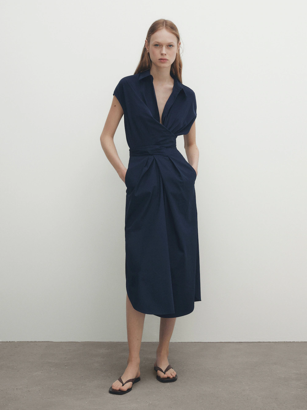 

Платье Massimo Dutti Poplin Shirt With Knot Detail, темно-синий