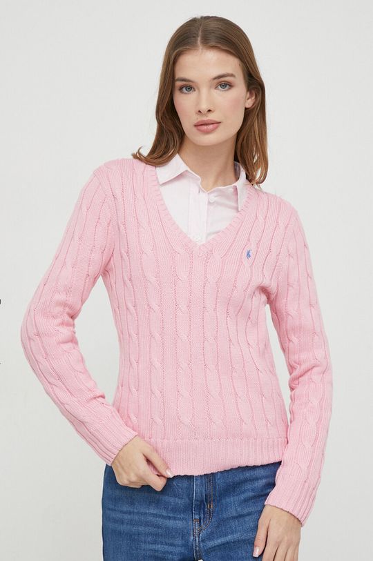 Хлопковый свитер Polo Ralph Lauren, розовый поло женское вязаное с v образным вырезом цвет – белый