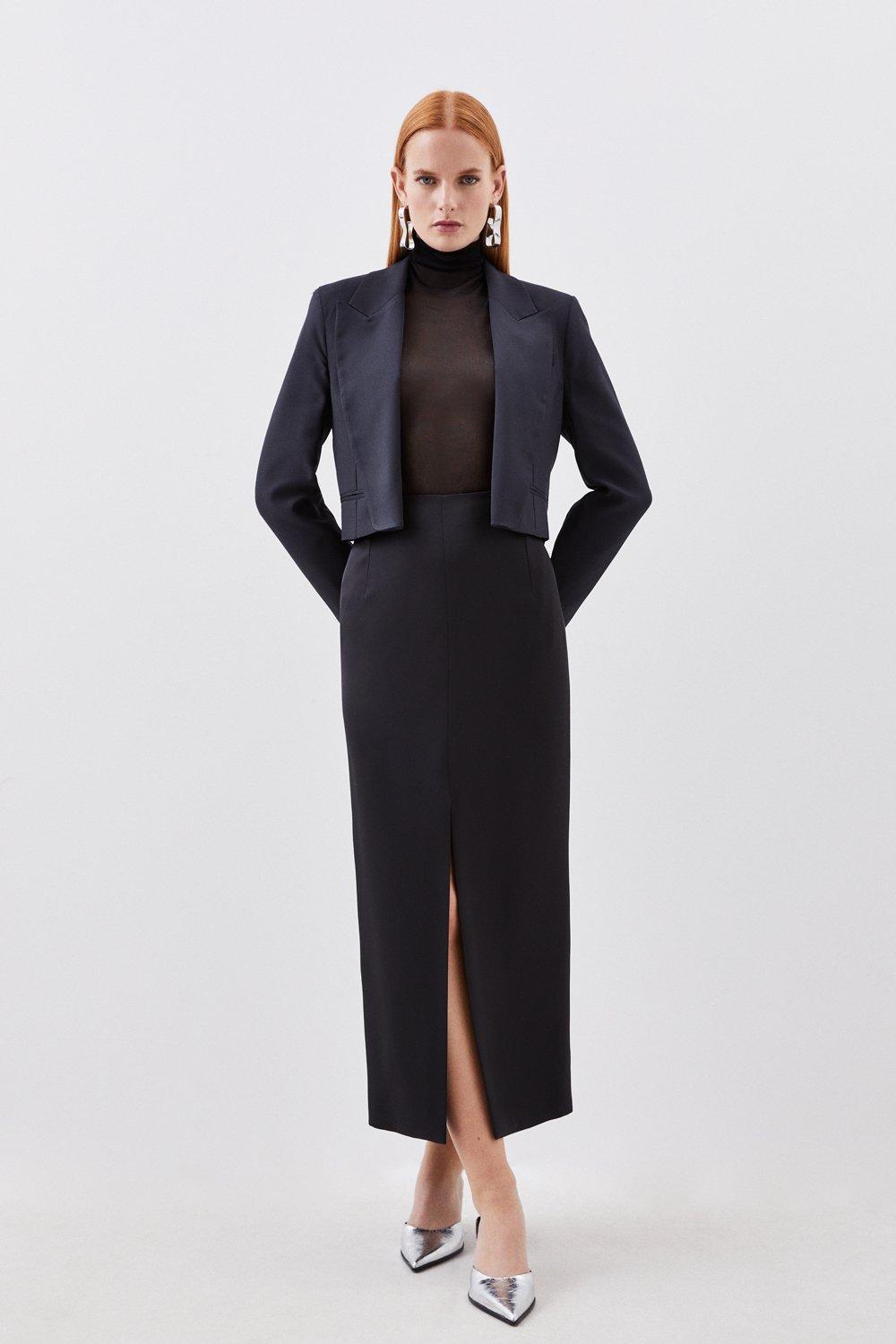 Укороченный пиджак из крепа с атласной спинкой на заказ Karen Millen, черный платье рубашка из крепа на заказ karen millen черный
