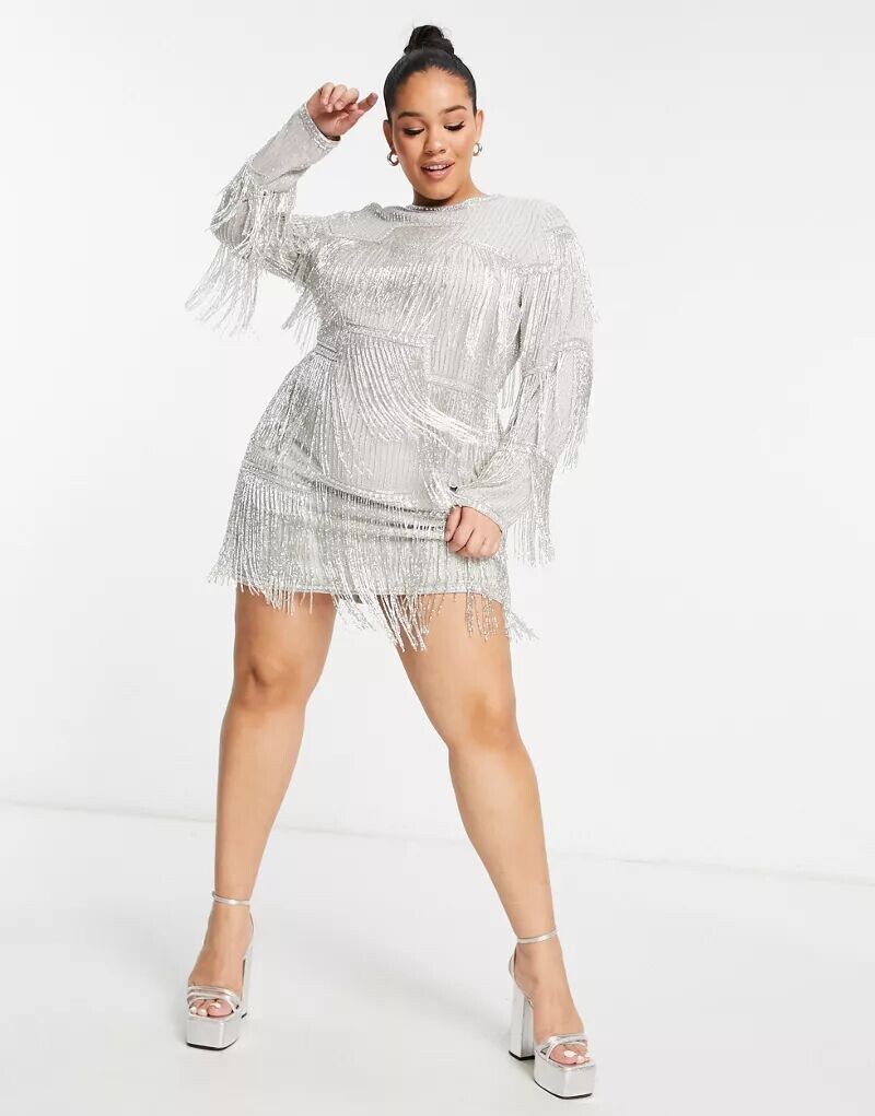 

Серебристое мини-платье с бахромой по всей поверхности ASOS DESIGN Curve