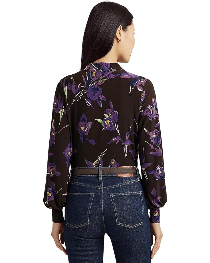 

Топ LAUREN Ralph Lauren Floral Stretch Jersey Tie-Neck Top, цвет Brown/Purple/Multi