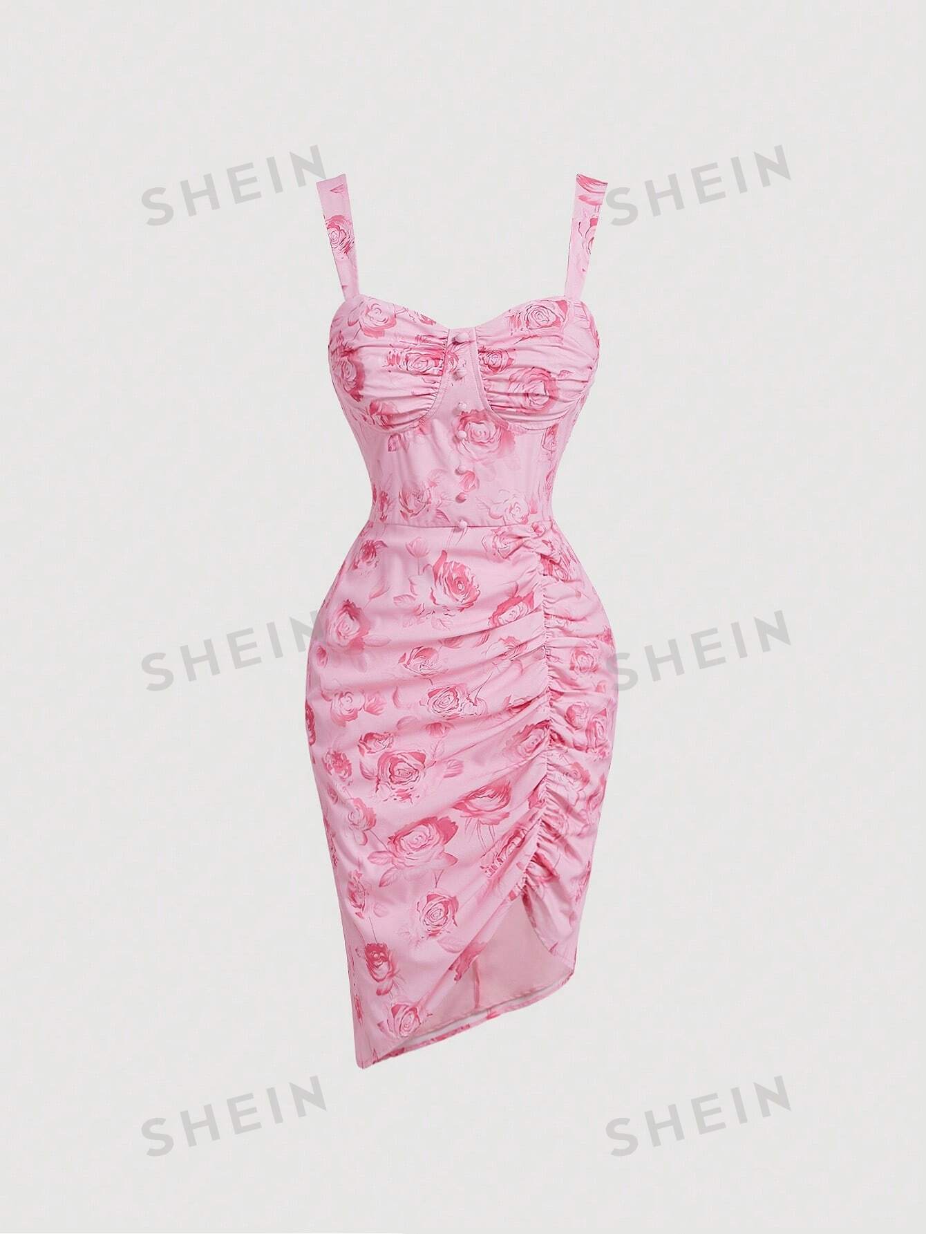 SHEIN MOD Женское плиссированное платье макси с разрезом спереди и цветочным принтом, розовый